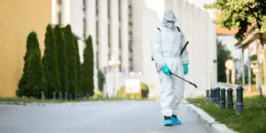 Operatore effettua disinfestazione da processionarie all'esterno Operatore effettua disinfestazione da processionarie all'esterno