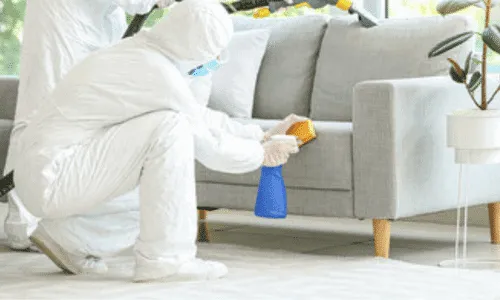 disinfestatore opera sul divano di un salotto